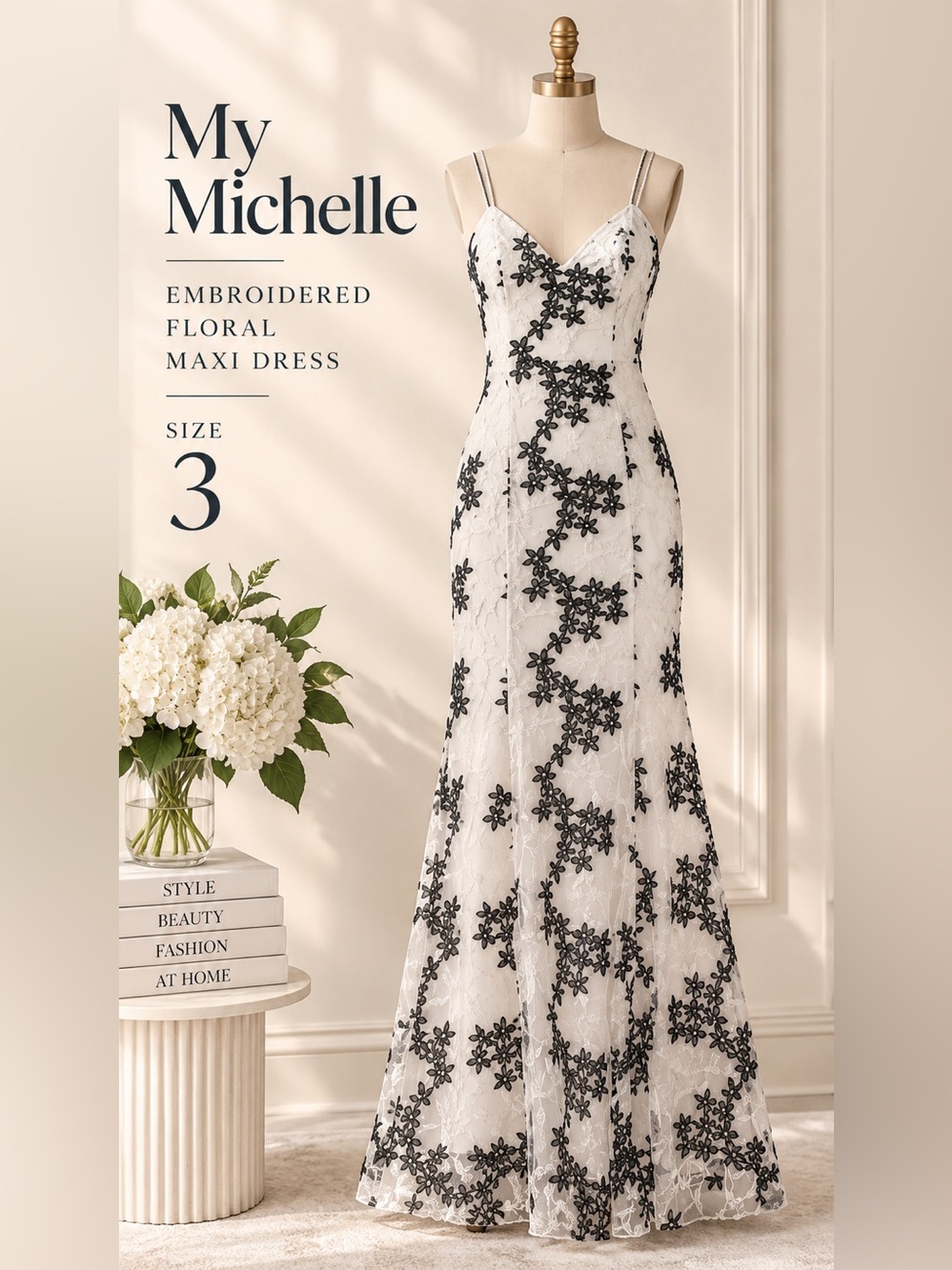 My Michelle Black & White Embroidered Floral Maxi Dress Size 3